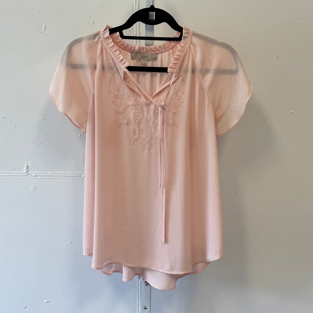 LOFT Petites Blush Pink Embroidered Flutter Sleeve Chiffon Blouse MP‎ 473689